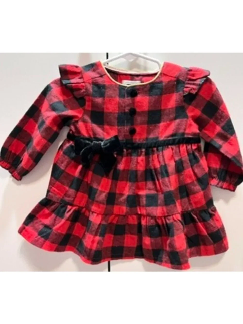 Mud Pie 3m 6m red buffalo check plaid flannel dress NWT Christmas holiday velvet